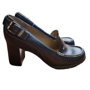 TOMMY Hilfiger Womens Debbie Loafer Shoes Black Block Heels Buckle Leather 7 M